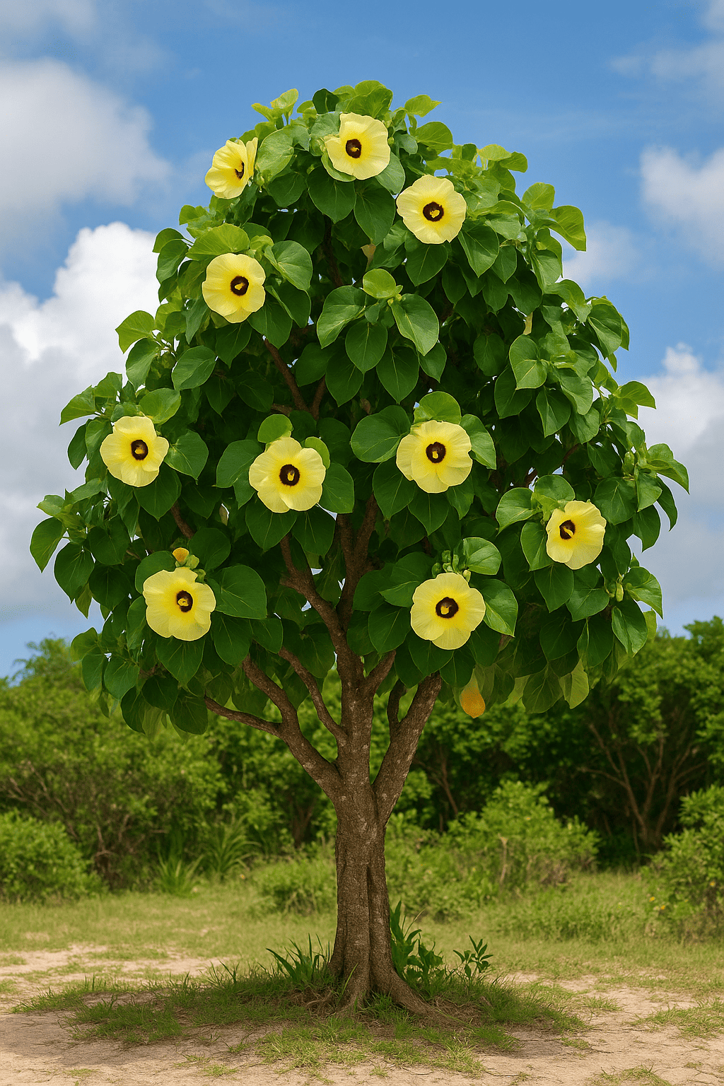 Árbol Majagua Caribeña (Hibiscus tiliaceus) con hojas verdes y flores amarillas en jardín tropical junto al mar, ideal para climas cálidos y zonas costeras.