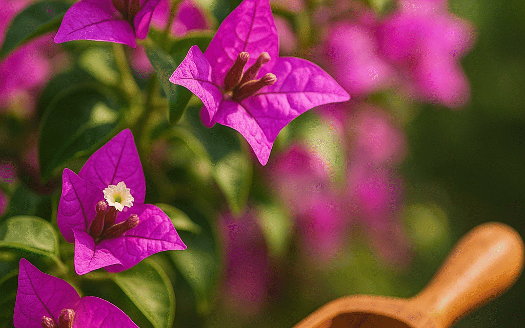 “Primer plano de flores de bugambilias magenta brillantes junto a una cuchara de madera que contiene Harina de Jaiba orgánica, sobre una superficie rústica con fondo vegetal desenfocado.”