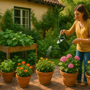 “Mujer regando macetas en un patio soleado, practicando jardinería en casa con plantas en maceta”