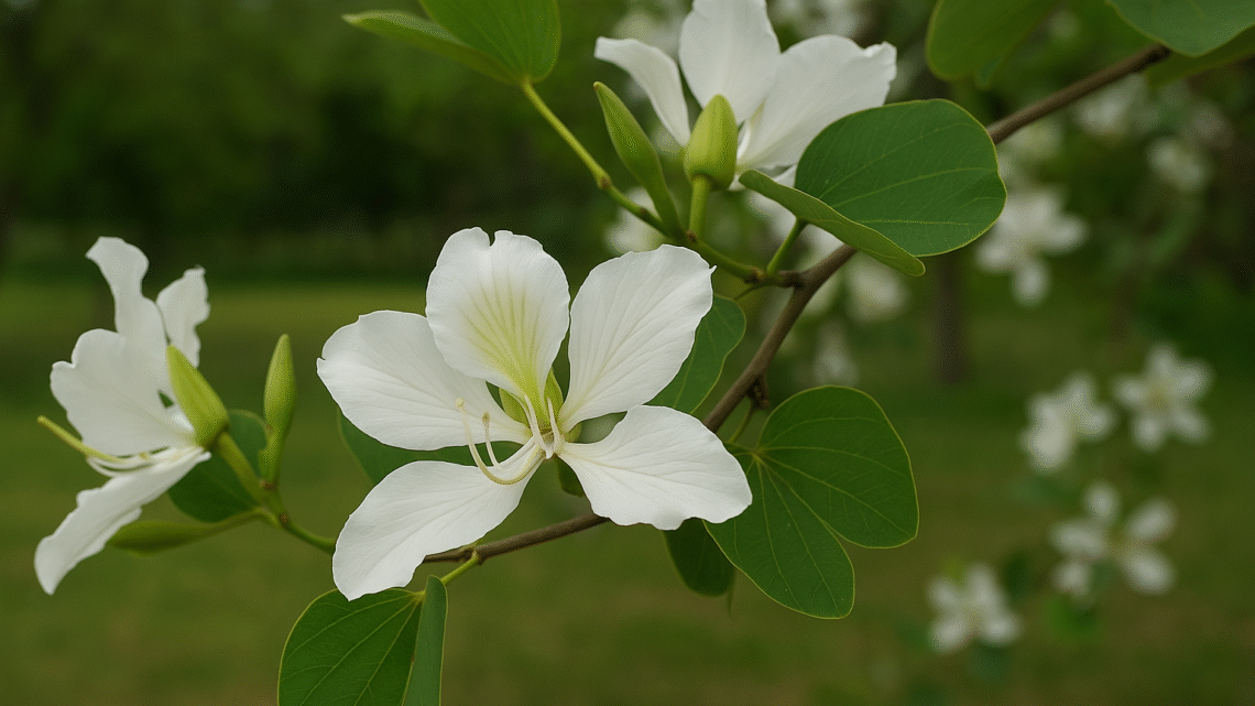 Flor blanca de árbol Pata de Vaca (Bauhinia variegata) en primer plano, con hojas bilobuladas y fondo verde difuminado, ideal para paisajismo urbano