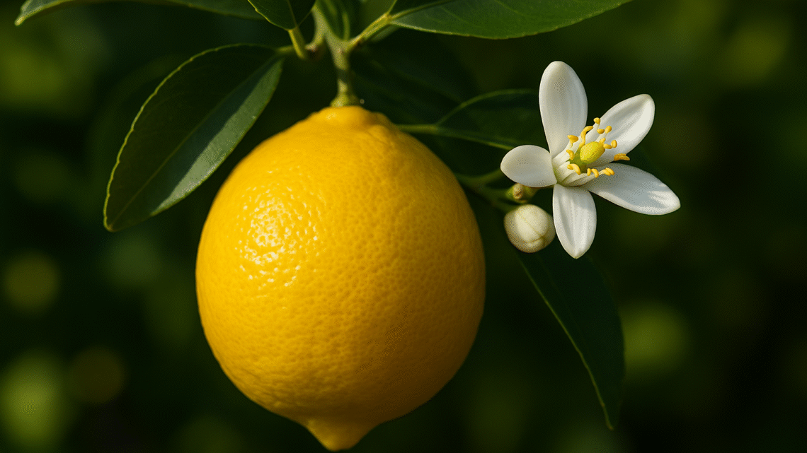 Limonero con fruto maduro amarillo y flor blanca en primer plano, hojas verdes y fondo difuminado, imagen ideal para blog sobre problemas de producción.