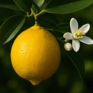Limonero con fruto maduro amarillo y flor blanca en primer plano, hojas verdes y fondo difuminado, imagen ideal para blog sobre problemas de producción.