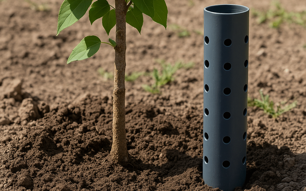 "Instalación de sistema de riego profundo con tubo para árboles, mostrando cómo llevar el agua directamente a las raíces y evitar el efecto maceta."