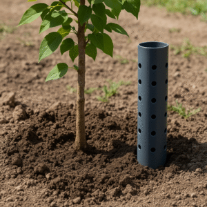 "Instalación de sistema de riego profundo con tubo para árboles, mostrando cómo llevar el agua directamente a las raíces y evitar el efecto maceta."