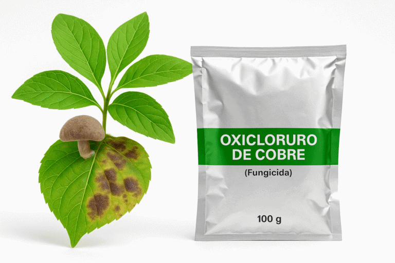 Oxicloruro de cobre fungicida de contacto para eliminar hongos en hojas, control de enfermedades y plantas sanas con Plakarq Shop.