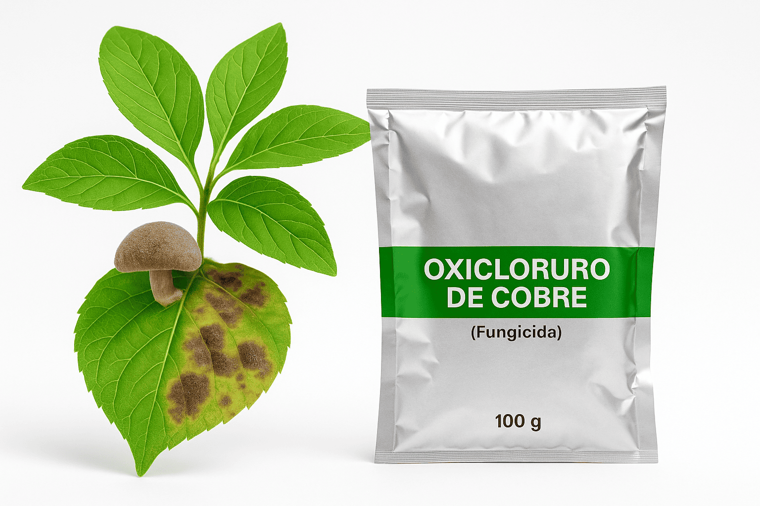 Oxicloruro de cobre fungicida de contacto para eliminar hongos en hojas, control de enfermedades y plantas sanas con Plakarq Shop.