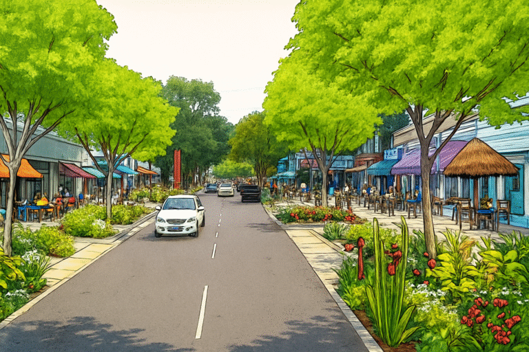Ilustración detallada de una avenida urbana con árboles frondosos, áreas verdes, jardines sostenibles y espacios peatonales, representando un modelo de urbanismo ecológico y sostenibilidad ambiental.