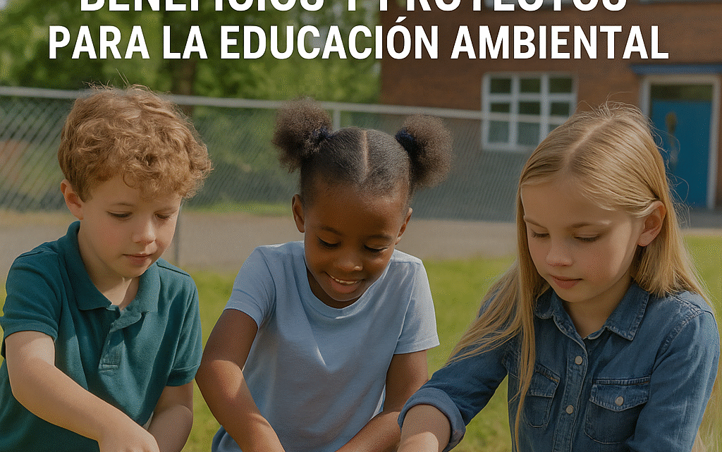 Niños participando en un huerto escolar, sembrando y aprendiendo sobre educación ambiental, sostenibilidad y compostaje en la escuela