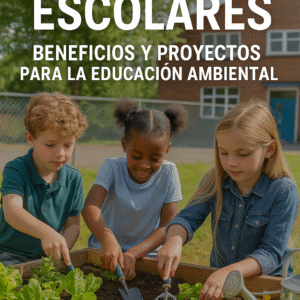 Niños participando en un huerto escolar, sembrando y aprendiendo sobre educación ambiental, sostenibilidad y compostaje en la escuela