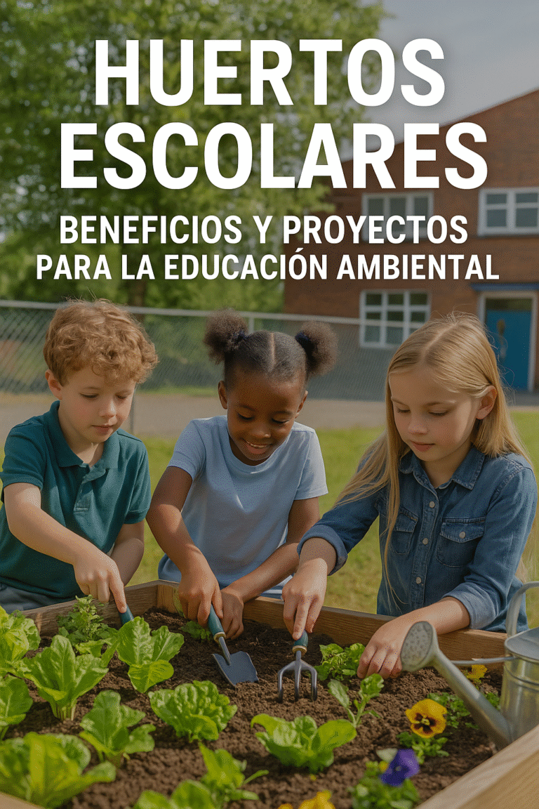 Niños participando en un huerto escolar, sembrando y aprendiendo sobre educación ambiental, sostenibilidad y compostaje en la escuela