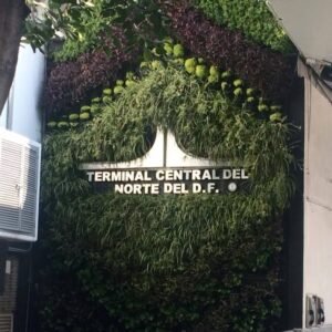 Muro verde modular MV-PLAKARQ instalado en fachada de edificio moderno, sistema prefabricado para arquitectura sustentable