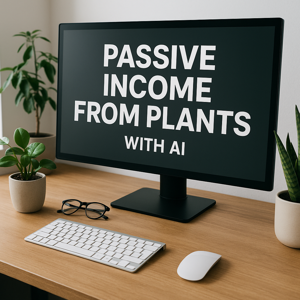 A realistic home workspace with a laptop, plants, and natural light representing AI-powered passive income and sustainable remote work in 2026.