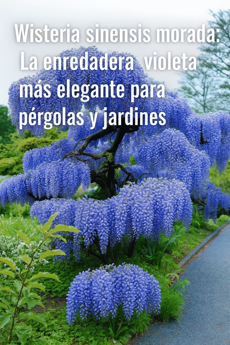 Wisteria sinensis morada en floración, enredadera violeta decorativa para pérgolas y jardines.