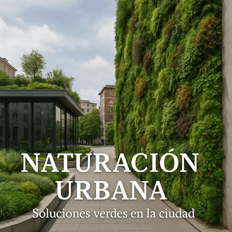 Naturación urbana en la ciudad: muro verde vertical y arquitectura sostenible con jardines en altura.