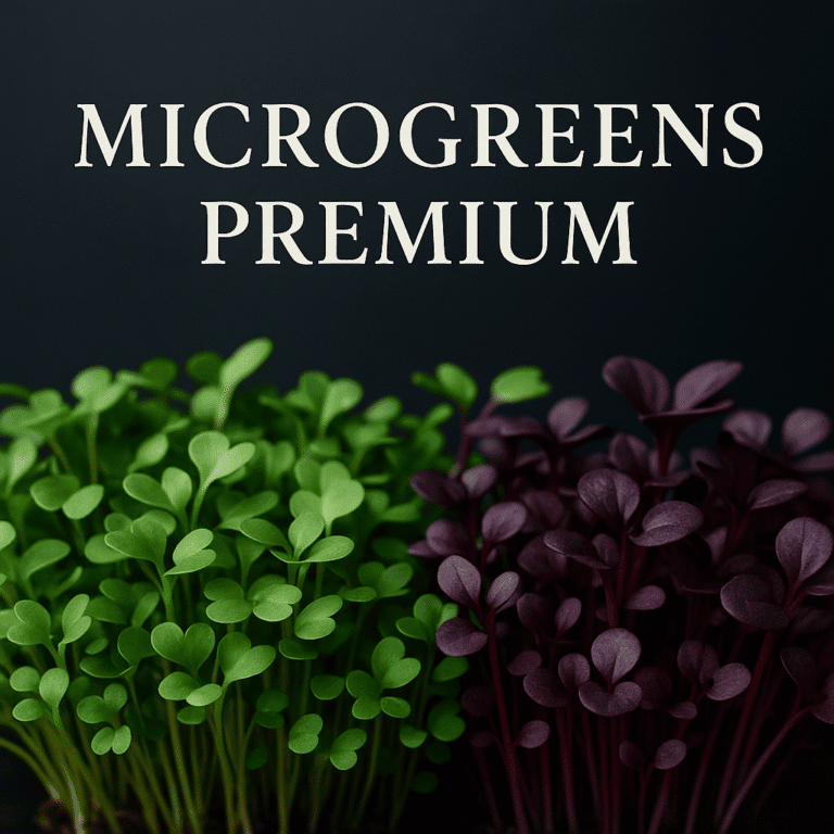 Microgreens verdes y morados de alta calidad sobre fondo oscuro, presentados de forma elegante como producto premium de VERDE PLAKARQ SHOP