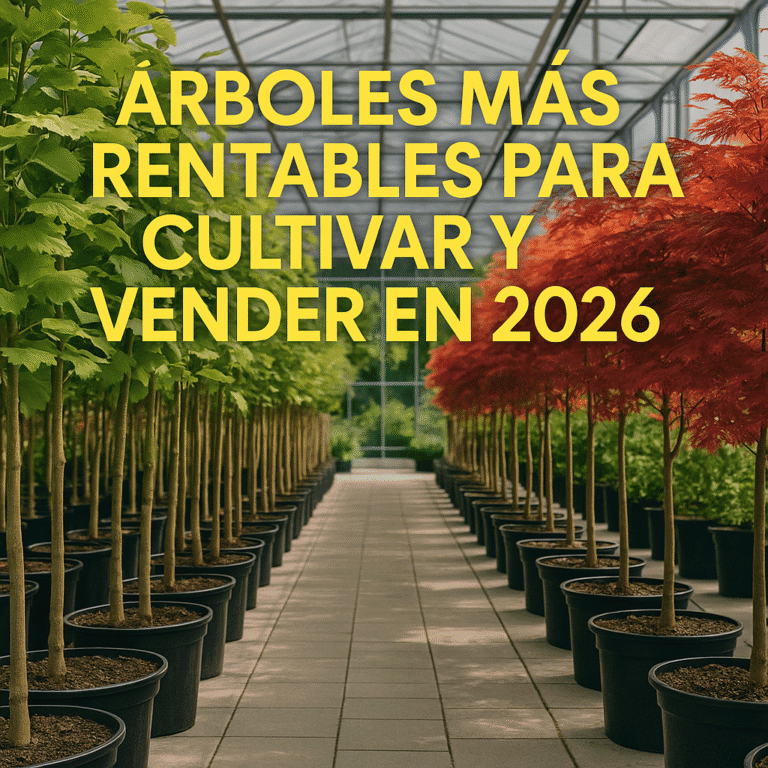 Arces japoneses y árboles de Ginkgo biloba alineados en un vivero moderno con iluminación natural, junto al texto ‘Árboles más rentables para cultivar y vender en 2026’, diseño editorial premium.