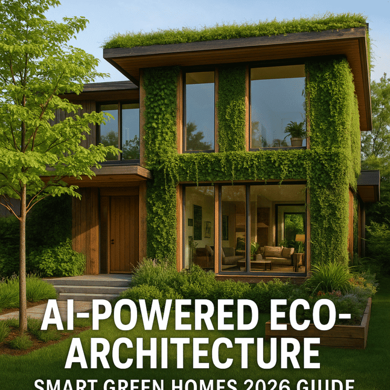 Modern smart eco-home with large windows, lush trees and a green garden, representing AI-powered sustainable architecture and smart green living in 2026.