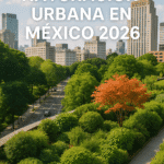 Naturación urbana en México 2026 con ciudad verde, árboles y jardín urbano; paisaje realista que muestra infraestructura verde y arces en entorno citadino