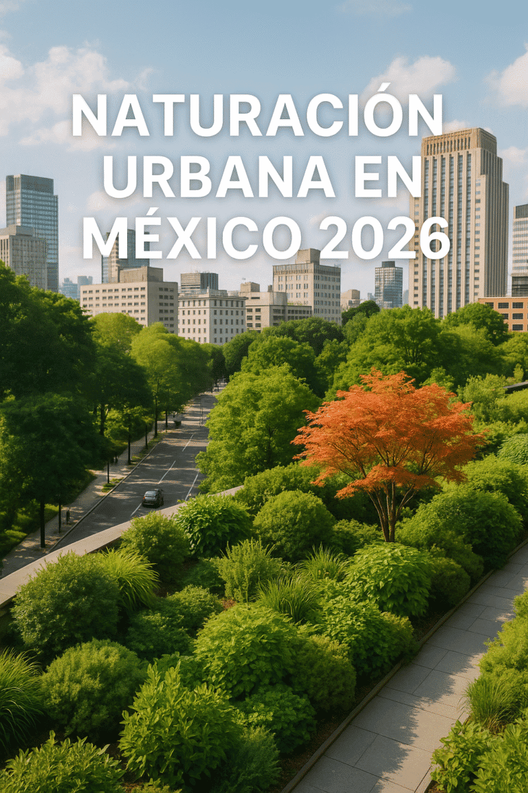 Naturación urbana en México 2026 con ciudad verde, árboles y jardín urbano; paisaje realista que muestra infraestructura verde y arces en entorno citadino