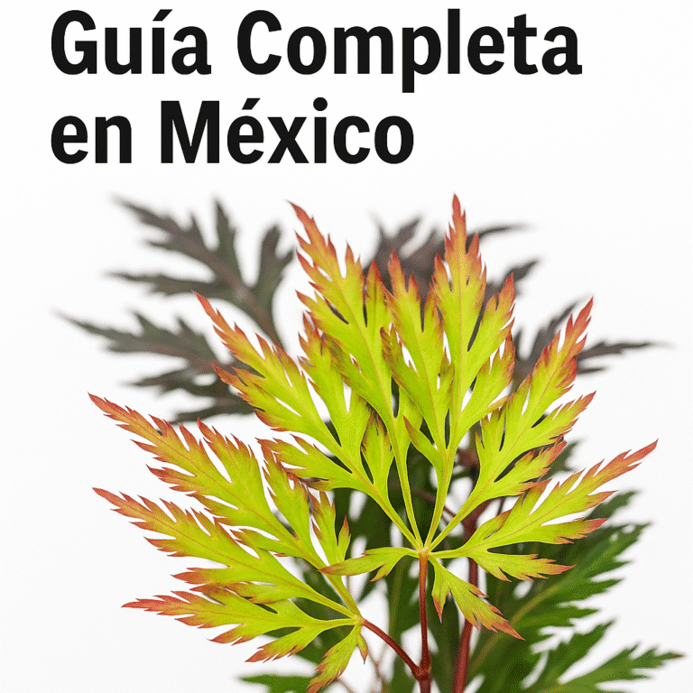 Arce japonés Seiryu de hoja de encaje con follaje verde finamente recortado y puntas rojizas, sobre fondo blanco, con el texto “Guía Completa en México