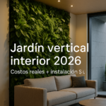 “Jardín vertical interior moderno en sala con muro verde frondoso, iluminación cálida y texto sobre costos reales 2026 e instalación cero.”
