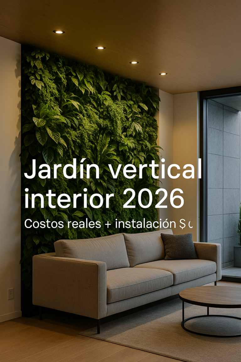 “Jardín vertical interior moderno en sala con muro verde frondoso, iluminación cálida y texto sobre costos reales 2026 e instalación cero.”