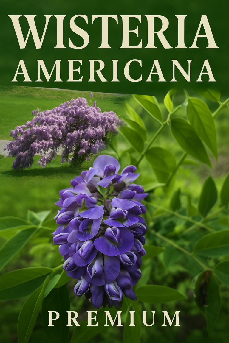 Wisteria americana premium en flor: composición con enredadera violeta cubriendo pérgola y primer plano de racimo morado sobre fondo verde.