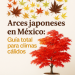 Arce japonés rojo en maceta blanca con hojas otoñales de colores y texto “Arces japoneses en México: Guía total para climas cálidos” sobre fondo claro.