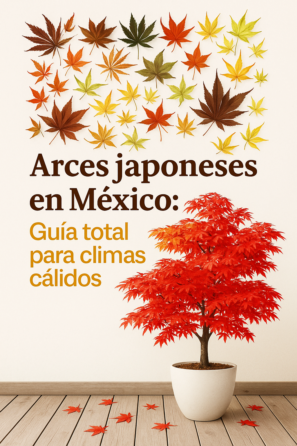 Arce japonés rojo en maceta blanca con hojas otoñales de colores y texto “Arces japoneses en México: Guía total para climas cálidos” sobre fondo claro.