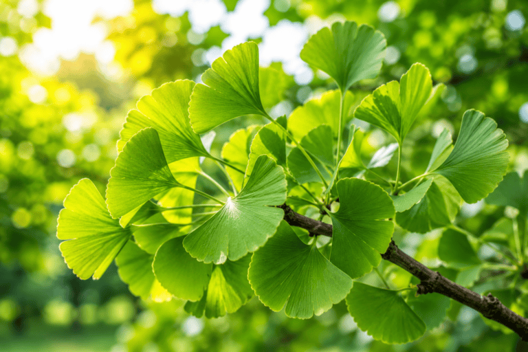 Ginkgo biloba con hojas verdes en forma de abanico iluminadas por la luz solar.